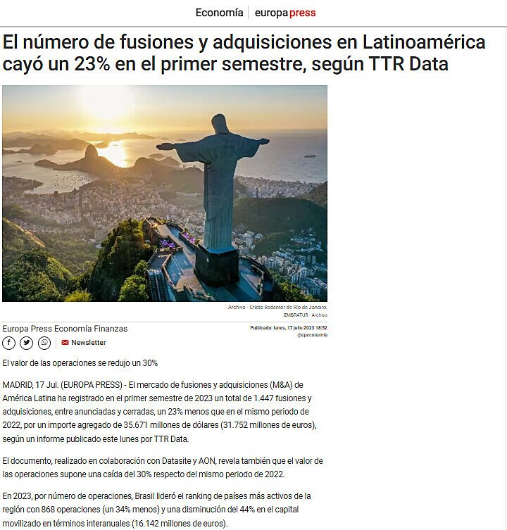 El nmero de fusiones y adquisiciones en Latinoamrica cay un 23% en el primer semestre, segn TTR Data